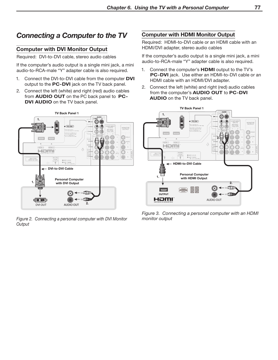 Connecting a computer to the tv, 77 computer with hdmi monitor output, Computer with dvi monitor output | Chapter 6. using the tv with a personal computer | MITSUBISHI ELECTRIC LT-37131 User Manual | Page 77 / 108