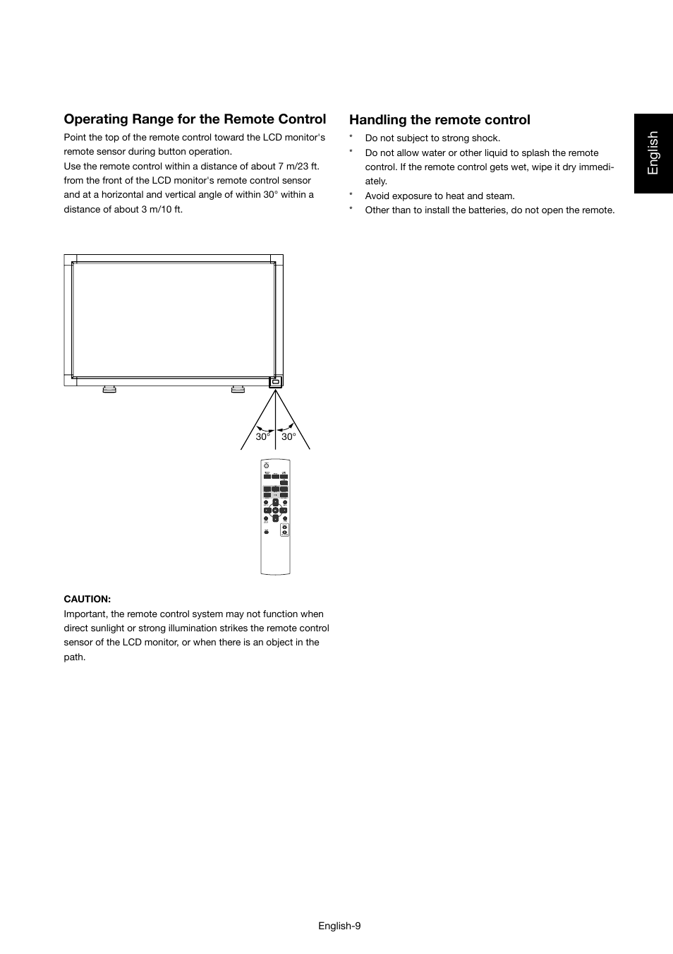 English, Handling the remote control, Operating range for the remote control | MITSUBISHI ELECTRIC LDT46IV User Manual | Page 10 / 40