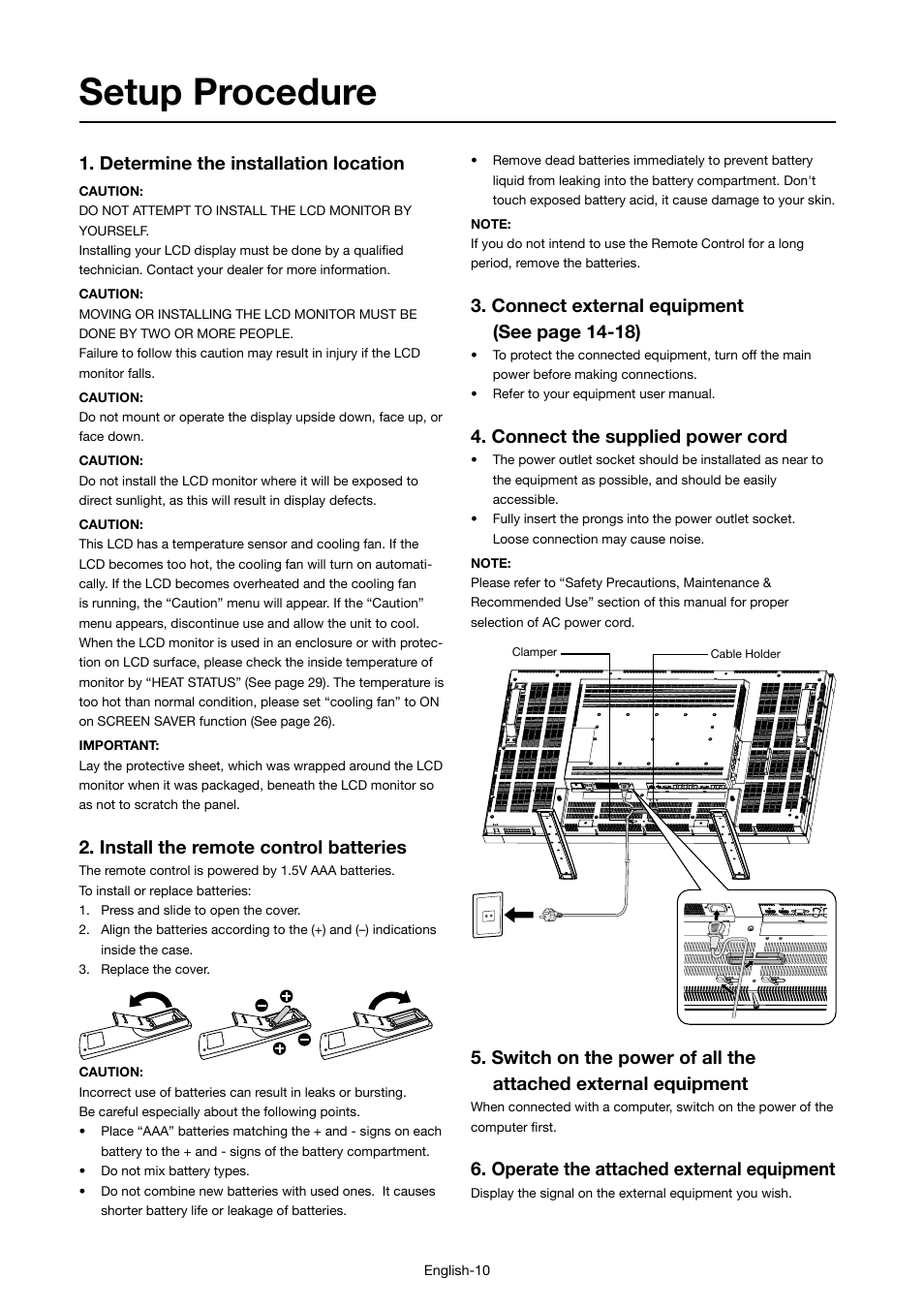 Setup procedure, Determine the installation location, Install the remote control batteries | Connect external equipment (see page 14-18), Connect the supplied power cord, Operate the attached external equipment | MITSUBISHI ELECTRIC LDT46IV User Manual | Page 11 / 40