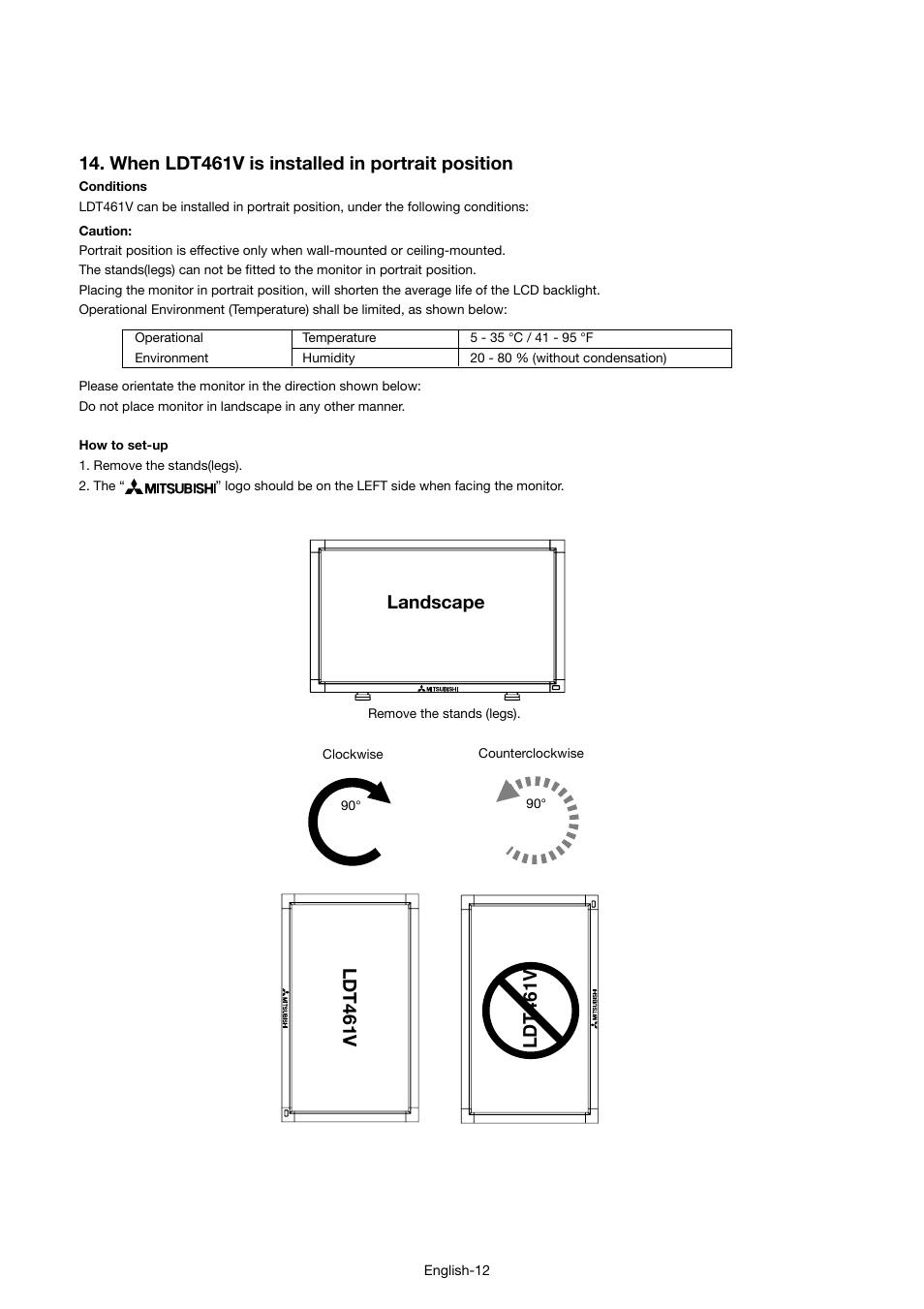 When ldt461v is installed in portrait position, Ldt461v, Landscape | MITSUBISHI ELECTRIC LDT46IV User Manual | Page 13 / 40