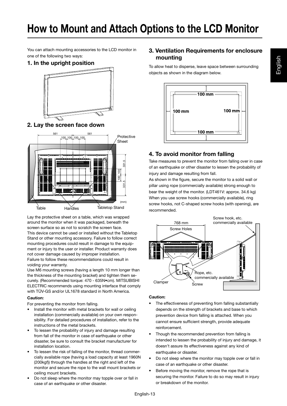 How to mount and attach options to the lcd monitor, English, Ventilation requirements for enclosure mounting | MITSUBISHI ELECTRIC LDT46IV User Manual | Page 14 / 40