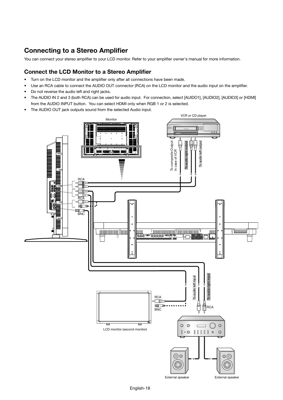 Connecting to a stereo amplifi er, Connect the lcd monitor to a stereo amplifi er | MITSUBISHI ELECTRIC LDT46IV User Manual | Page 19 / 40