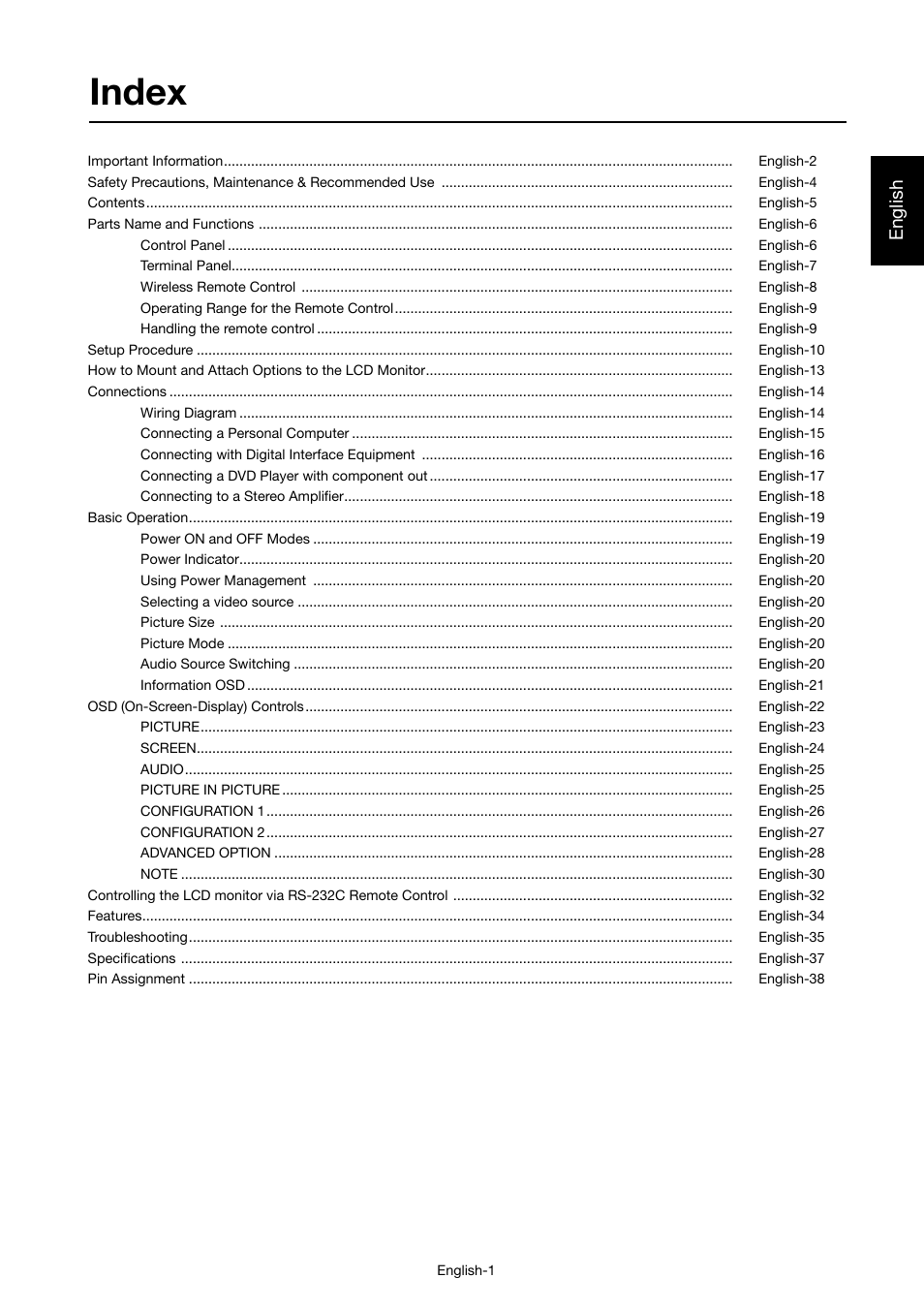 Index, English | MITSUBISHI ELECTRIC LDT46IV User Manual | Page 2 / 40