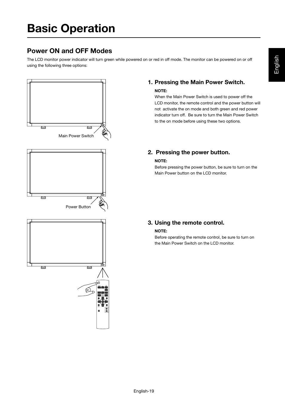 Basic operation, Power on and off modes | MITSUBISHI ELECTRIC LDT46IV User Manual | Page 20 / 40