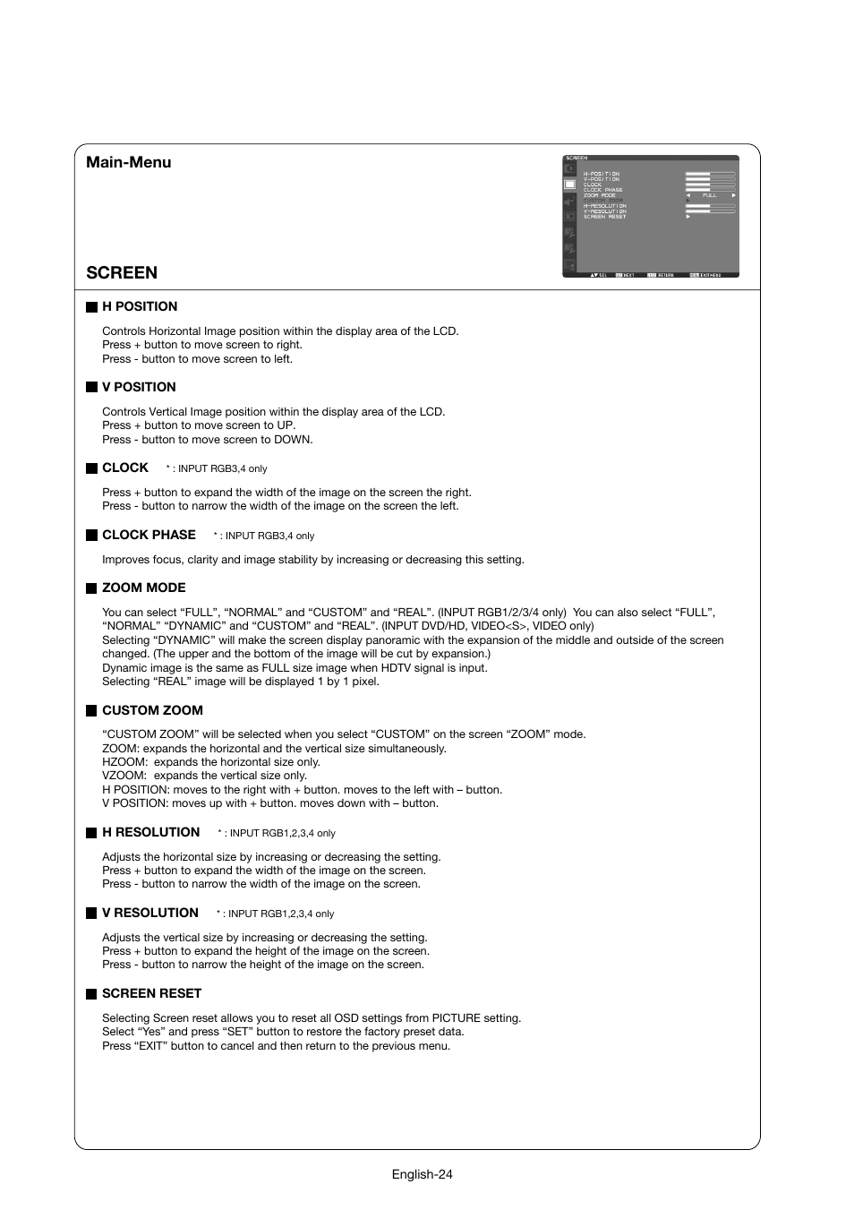 Screen, Main-menu | MITSUBISHI ELECTRIC LDT46IV User Manual | Page 25 / 40