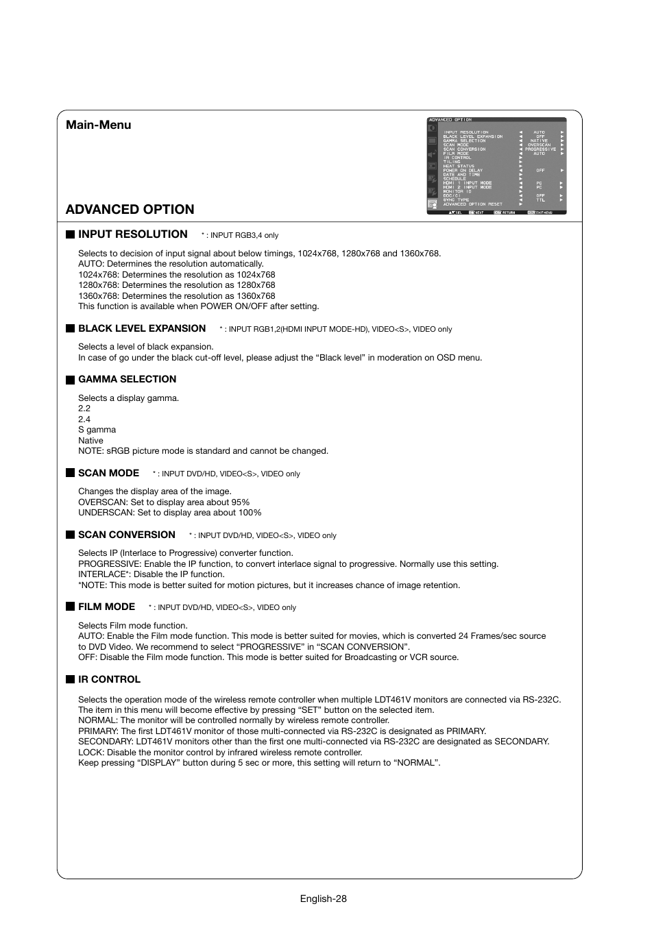 Advanced option, Main-menu | MITSUBISHI ELECTRIC LDT46IV User Manual | Page 29 / 40