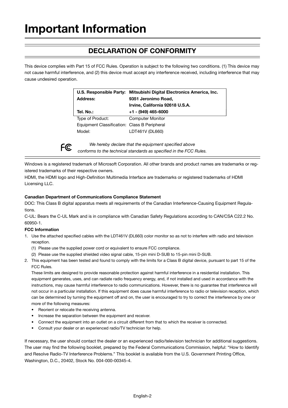 Important information, Declaration of conformity | MITSUBISHI ELECTRIC LDT46IV User Manual | Page 3 / 40