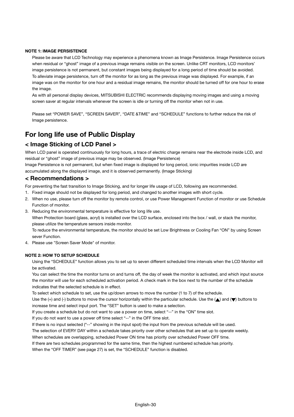 For long life use of public display, Image sticking of lcd panel, Recommendations | MITSUBISHI ELECTRIC LDT46IV User Manual | Page 31 / 40