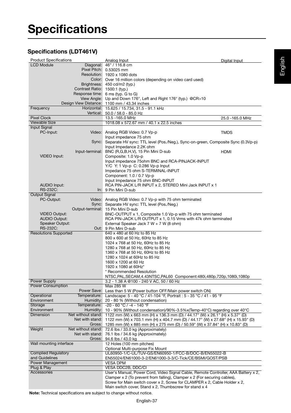 Specifi cations, English, Specifi cations (ldt461v) | MITSUBISHI ELECTRIC LDT46IV User Manual | Page 38 / 40