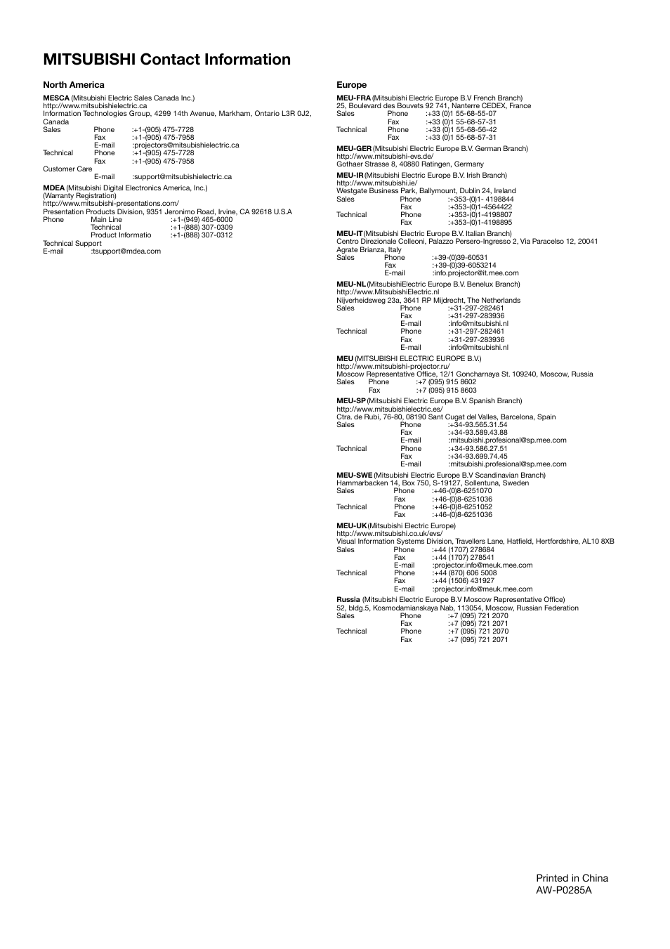 Mitsubishi contact information, Printed in china aw-p0285a | MITSUBISHI ELECTRIC LDT46IV User Manual | Page 40 / 40