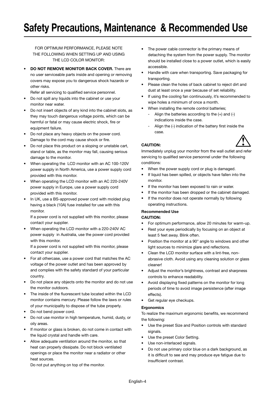 Safety precautions, maintenance & recommended use | MITSUBISHI ELECTRIC LDT46IV User Manual | Page 5 / 40