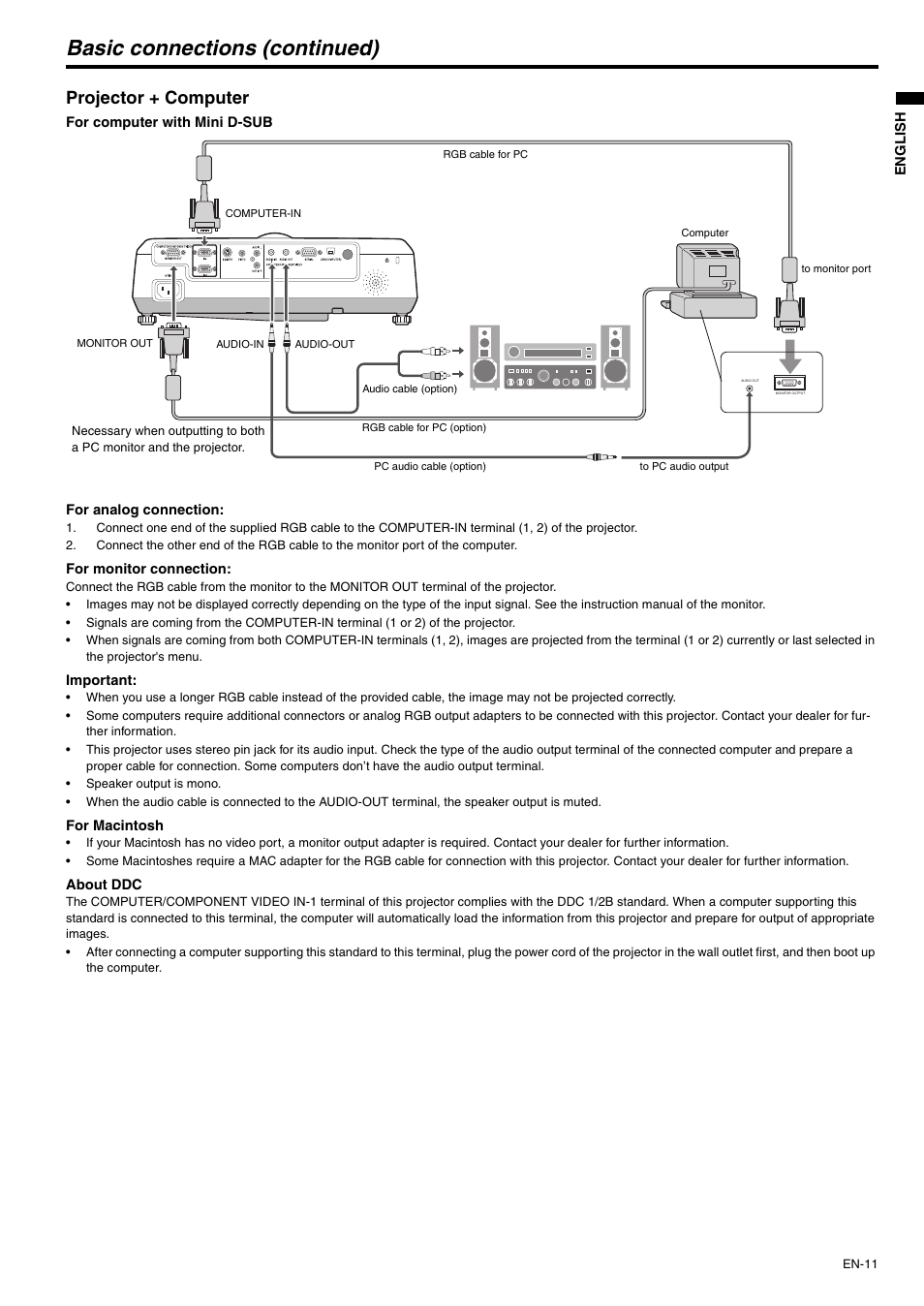 Basic connections (continued), Projector + computer | MITSUBISHI ELECTRIC XD500U-ST User Manual | Page 11 / 34