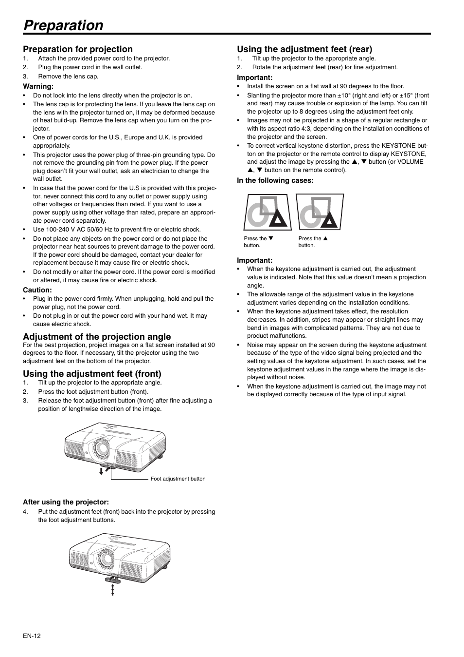 Preparation, Preparation for projection, Adjustment of the projection angle | Using the adjustment feet (front), Using the adjustment feet (rear) | MITSUBISHI ELECTRIC XD500U-ST User Manual | Page 12 / 34