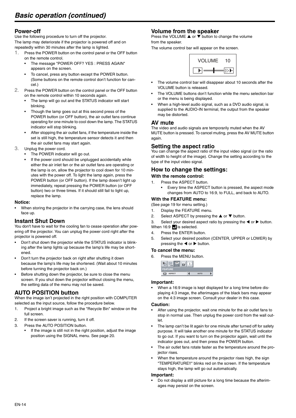 Basic operation (continued), Power-off, Instant shut down | Auto position button, Volume from the speaker, Av mute, Setting the aspect ratio, How to change the settings | MITSUBISHI ELECTRIC XD500U-ST User Manual | Page 14 / 34