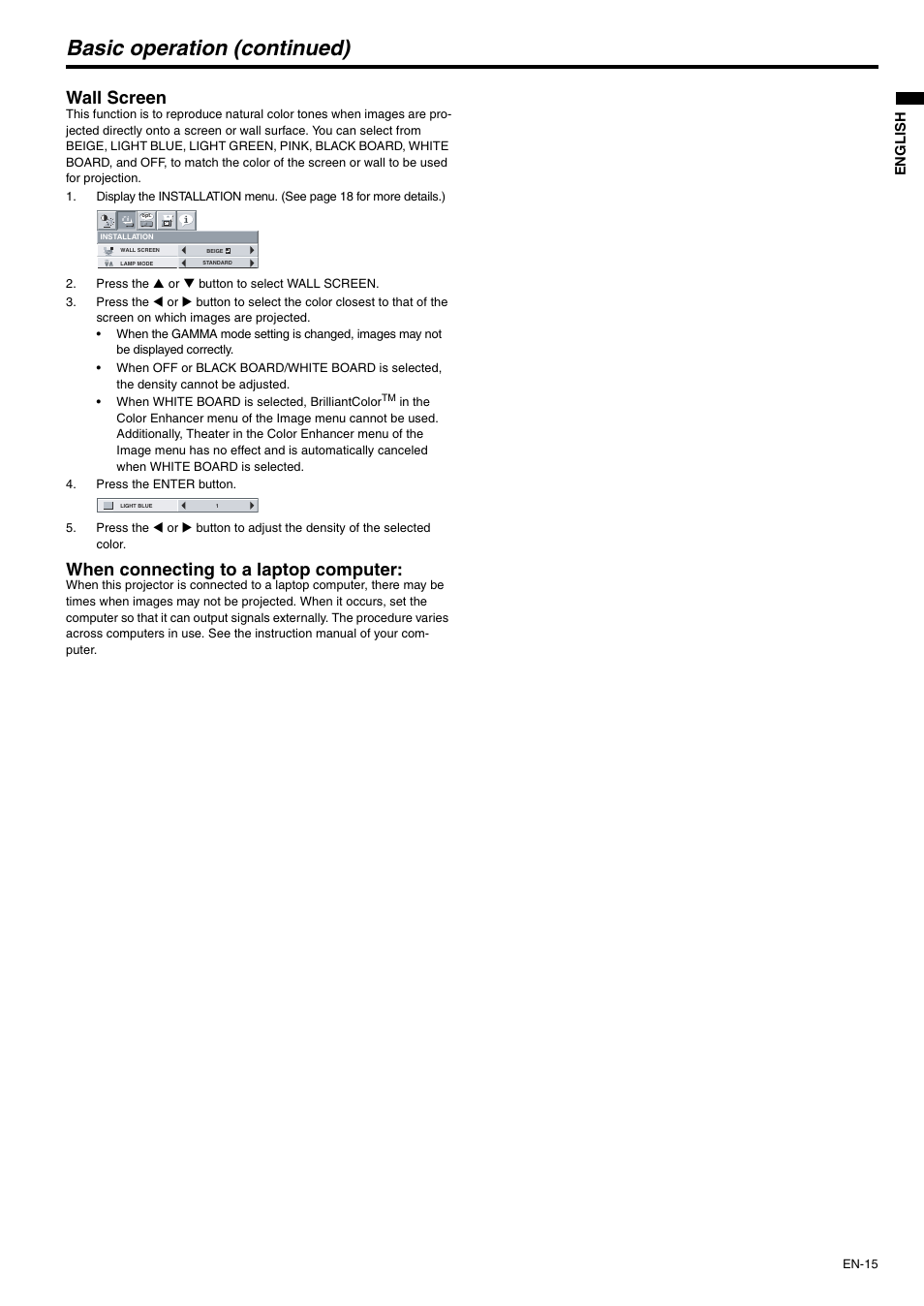 Basic operation (continued), Wall screen, When connecting to a laptop computer | MITSUBISHI ELECTRIC XD500U-ST User Manual | Page 15 / 34