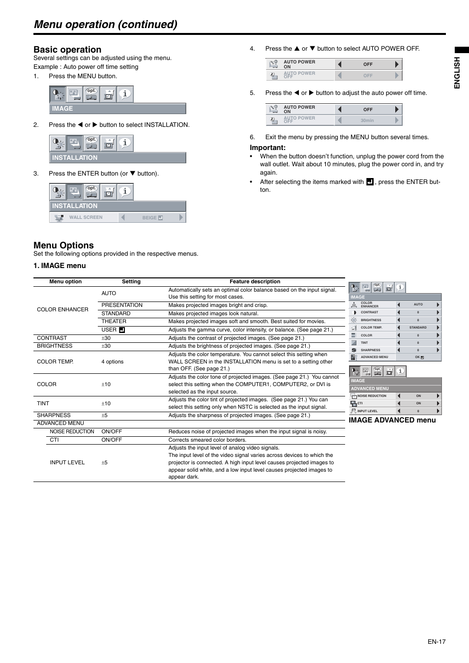 Menu operation (continued), Basic operation, Menu options | Englis h, Important, Image menu, Image advanced menu | MITSUBISHI ELECTRIC XD500U-ST User Manual | Page 17 / 34