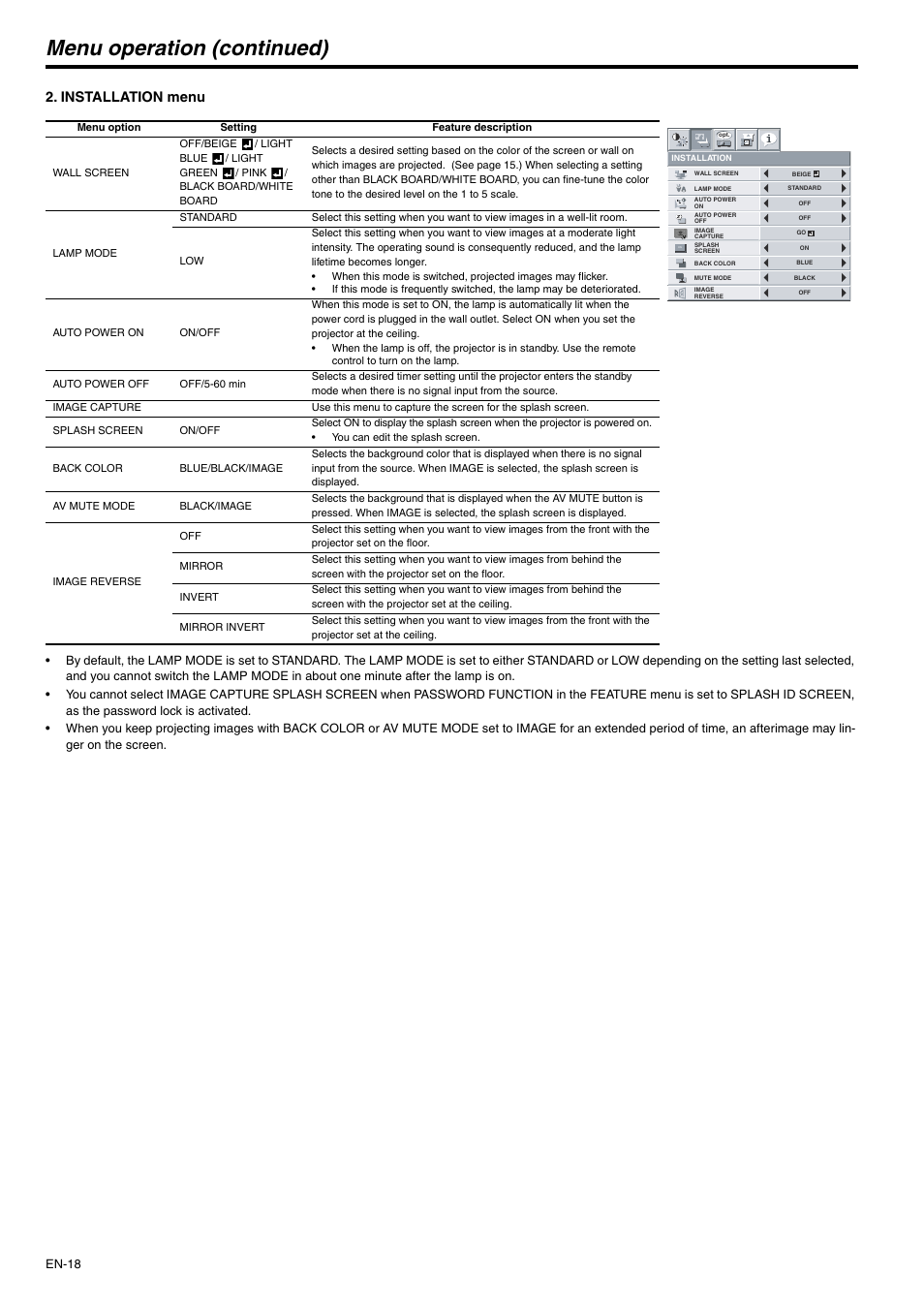 Menu operation (continued), Installation menu | MITSUBISHI ELECTRIC XD500U-ST User Manual | Page 18 / 34