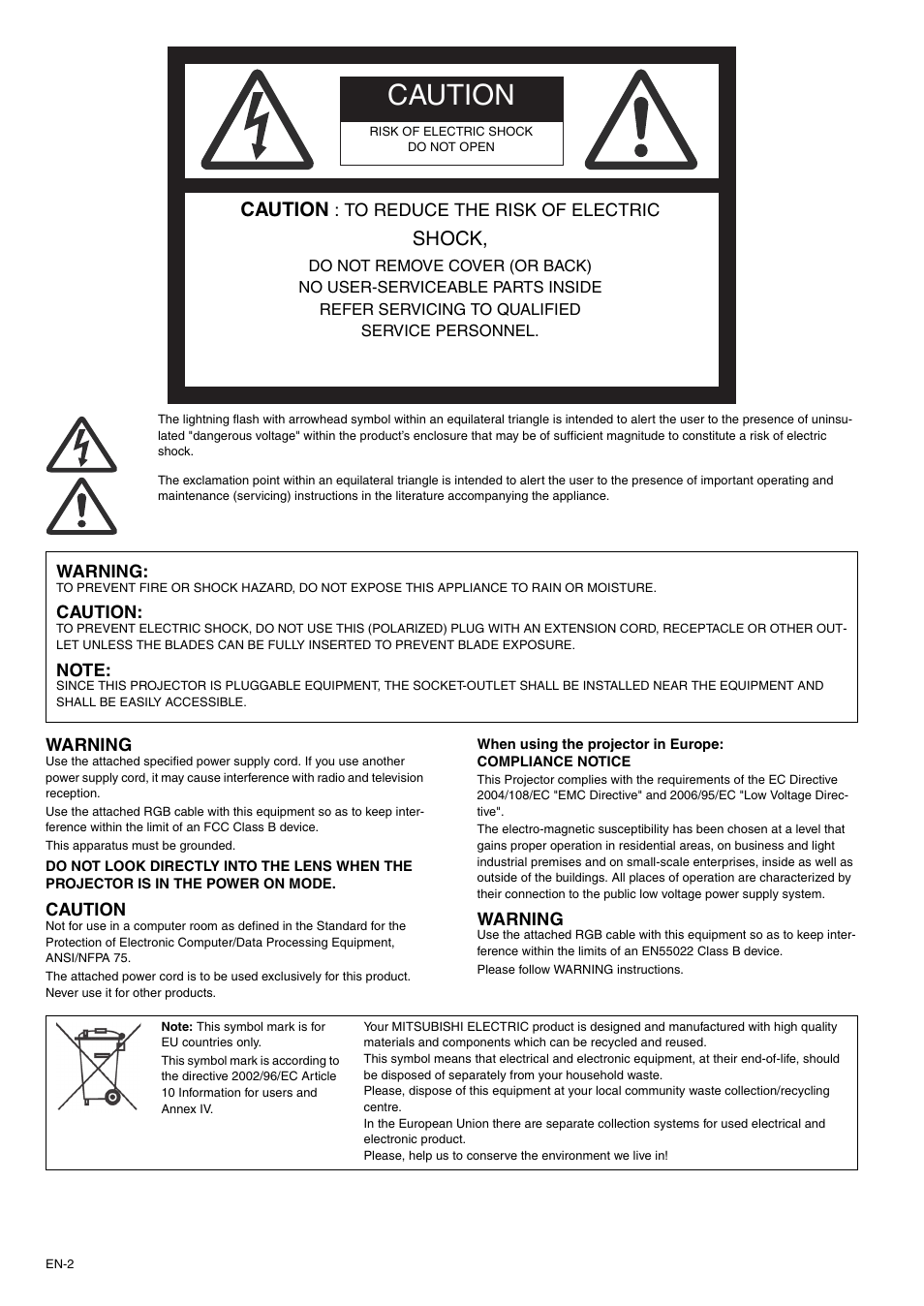 Warning, Caution, Note | Shock | MITSUBISHI ELECTRIC XD500U-ST User Manual | Page 2 / 34