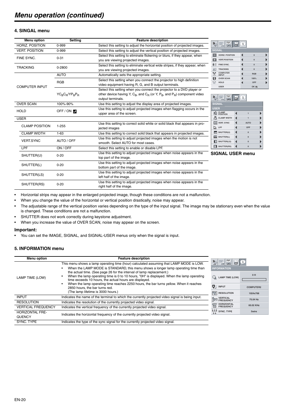 Menu operation (continued), Singal menu, Important | Information menu, Signal user menu | MITSUBISHI ELECTRIC XD500U-ST User Manual | Page 20 / 34