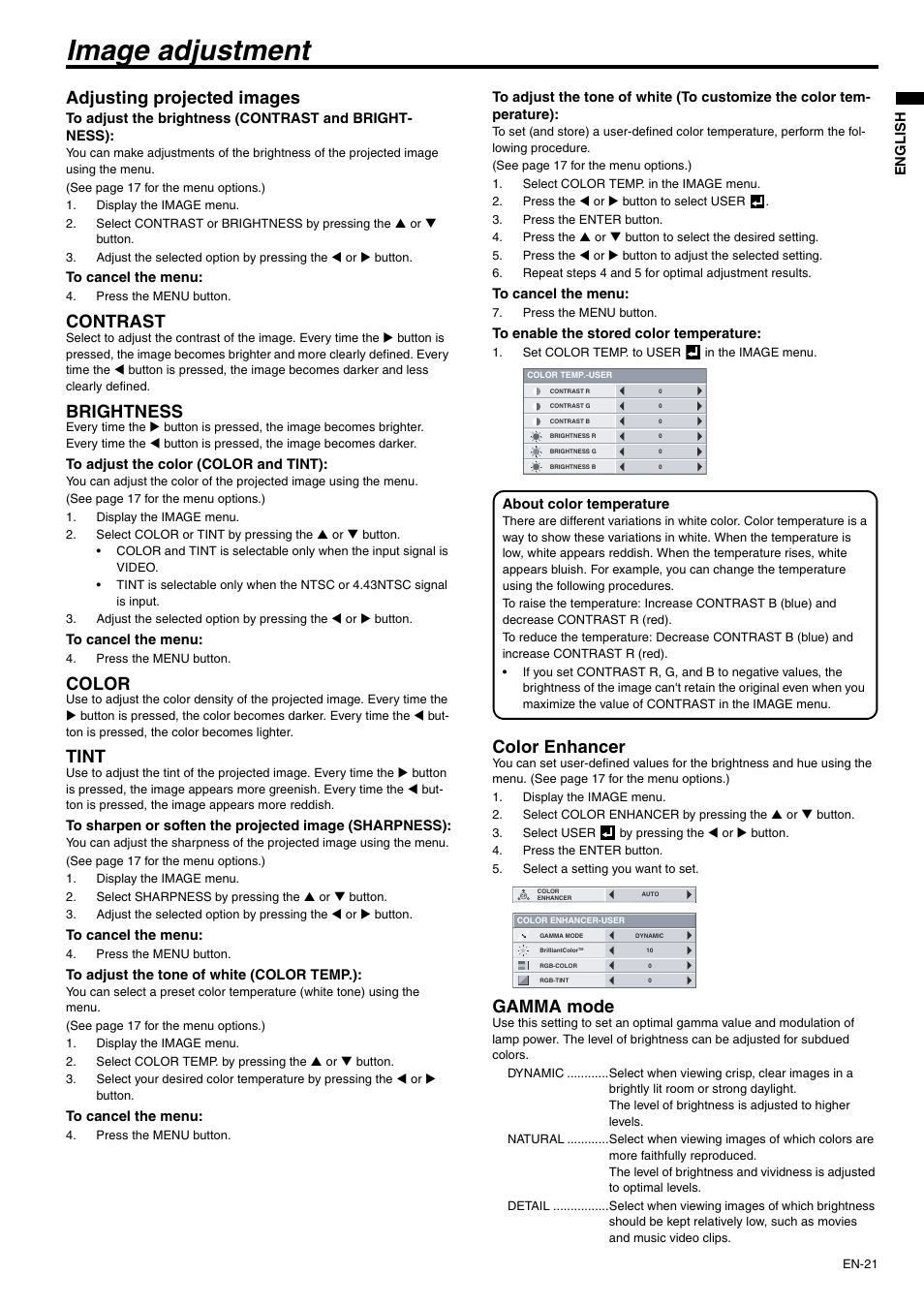 Image adjustment, Adjusting projected images, Contrast | Brightness, Color, Tint, Color enhancer, Gamma mode | MITSUBISHI ELECTRIC XD500U-ST User Manual | Page 21 / 34