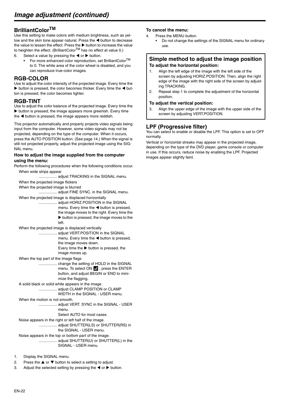 Image adjustment (continued), Brilliantcolortm, Rgb-color | Rgb-tint, Simple method to adjust the image position, Lpf (progressive filter), Brilliantcolor | MITSUBISHI ELECTRIC XD500U-ST User Manual | Page 22 / 34