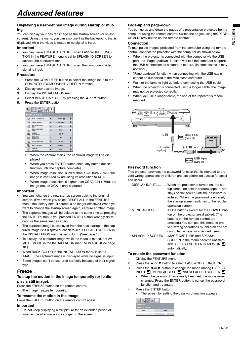 Advanced features, Freeze | MITSUBISHI ELECTRIC XD500U-ST User Manual | Page 23 / 34