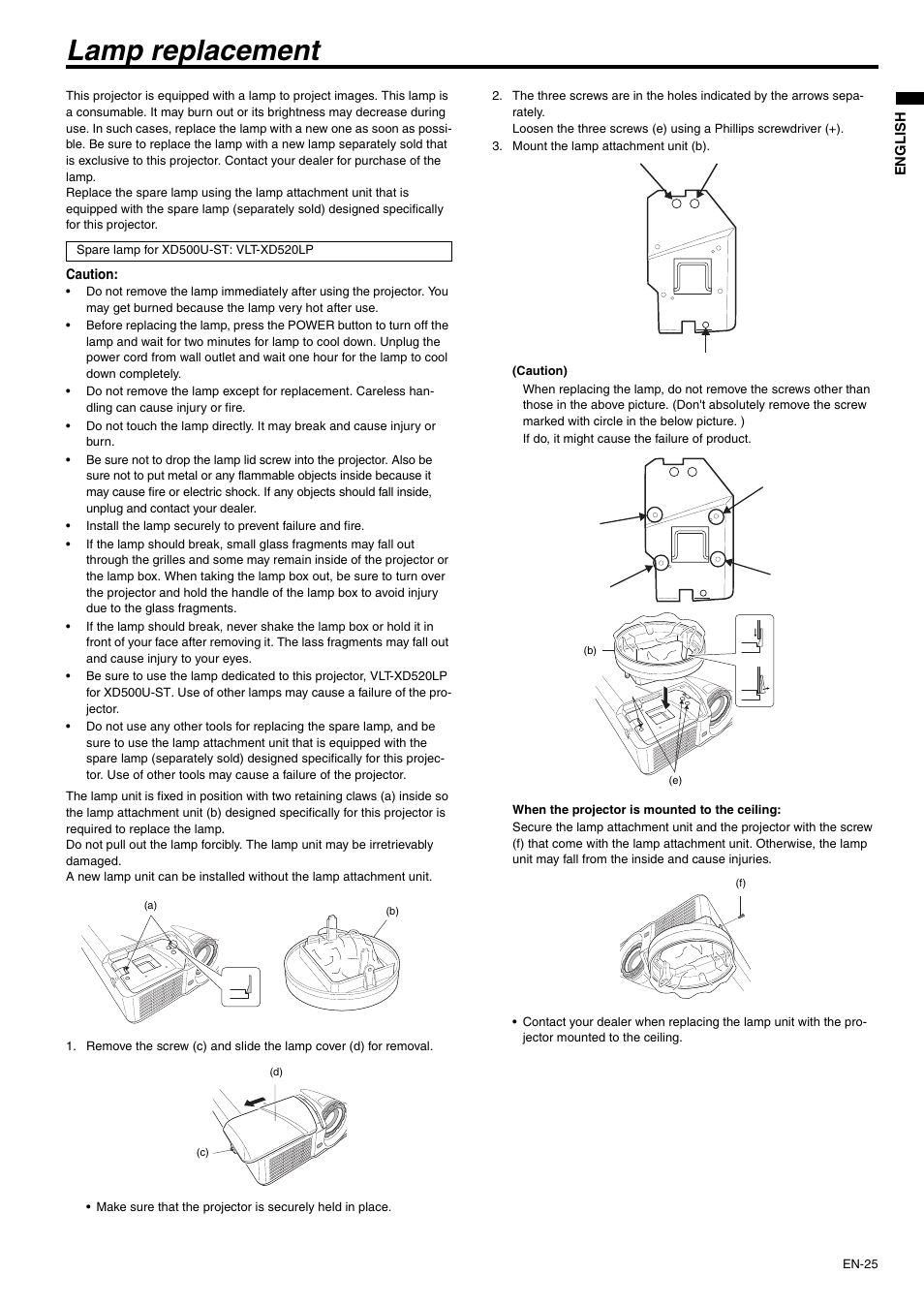 Lamp replacement | MITSUBISHI ELECTRIC XD500U-ST User Manual | Page 25 / 34