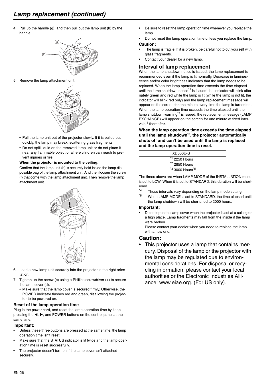 Lamp replacement (continued), Interval of lamp replacement, Caution | MITSUBISHI ELECTRIC XD500U-ST User Manual | Page 26 / 34