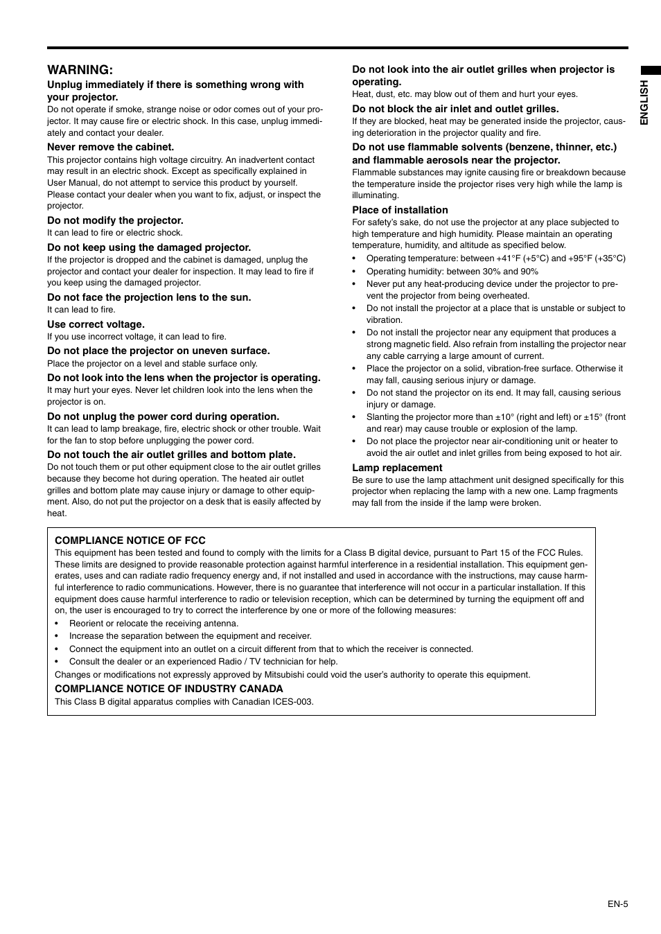 Warning | MITSUBISHI ELECTRIC XD500U-ST User Manual | Page 5 / 34