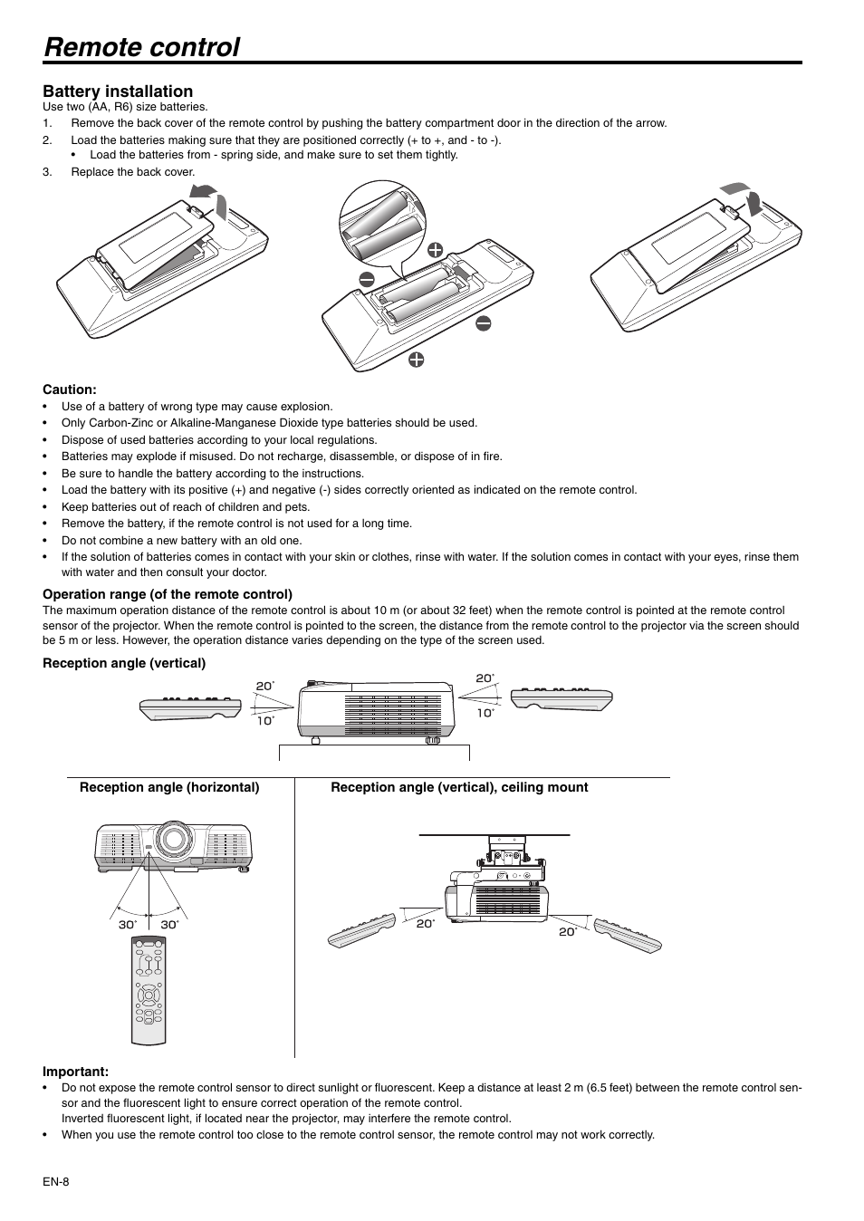 Remote control, Battery installation | MITSUBISHI ELECTRIC XD500U-ST User Manual | Page 8 / 34