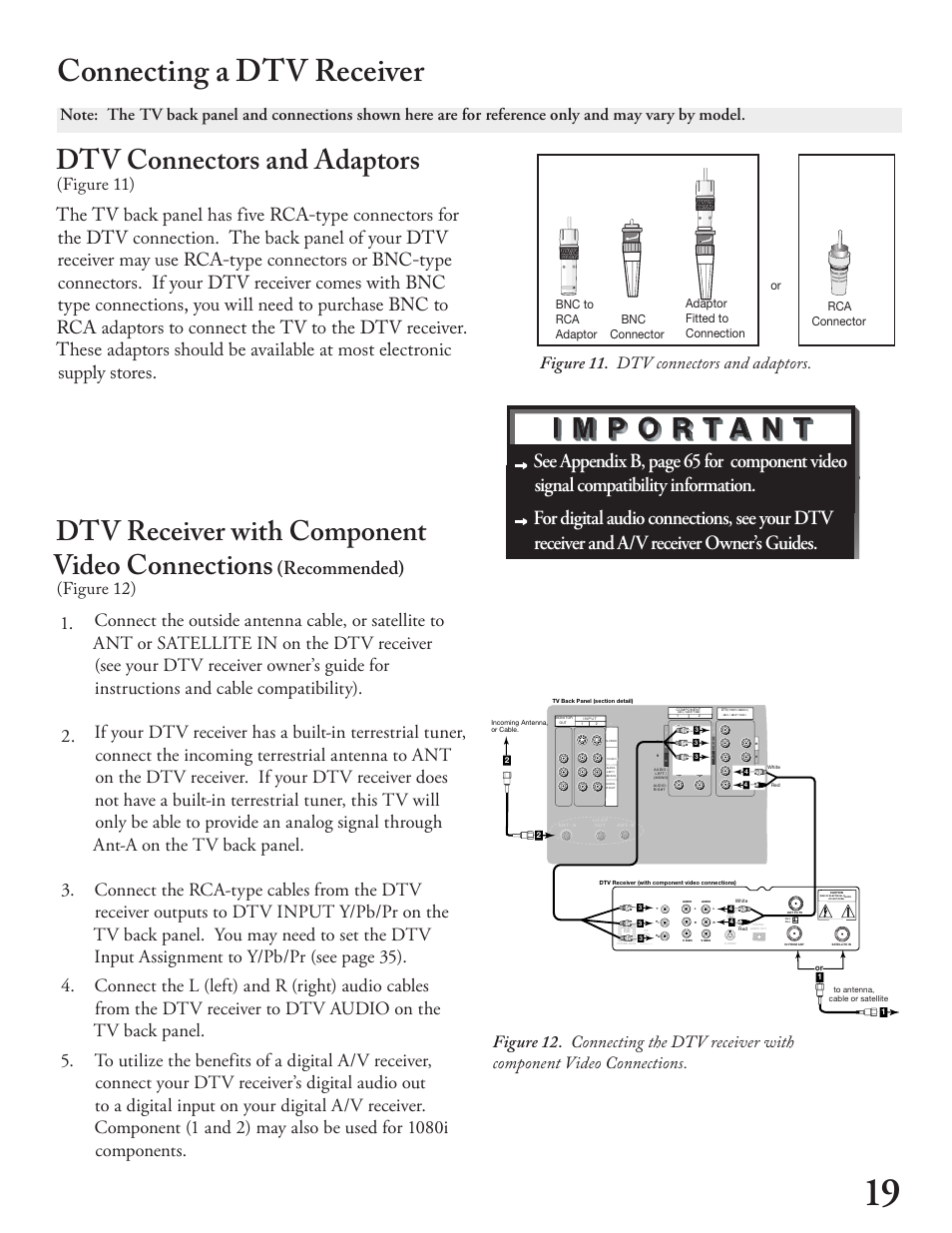 Connecting a dtv receiver, Dtv connectors and adaptors, Dtv receiver with component video connections | Recommended), Figure 11), Figure 12) | MITSUBISHI ELECTRIC WT - 42313 User Manual | Page 19 / 76