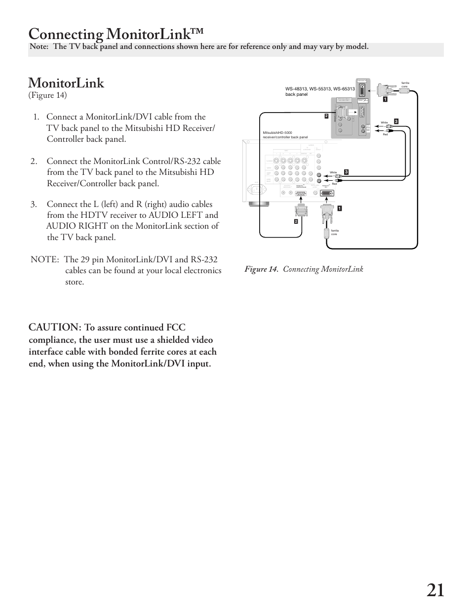 Connecting monitorlink, Monitorlink, Caution | Figure 14. connecting monitorlink, Figure 14) | MITSUBISHI ELECTRIC WT - 42313 User Manual | Page 21 / 76