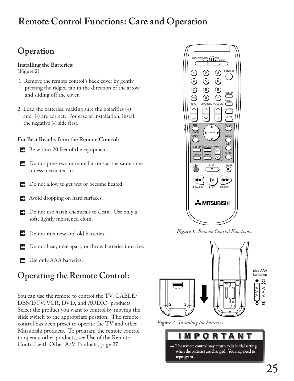 Remote control functions: care and operation, Operation, Operating the remote control | Installing the batteries, Figure 2) | MITSUBISHI ELECTRIC WT - 42313 User Manual | Page 25 / 76