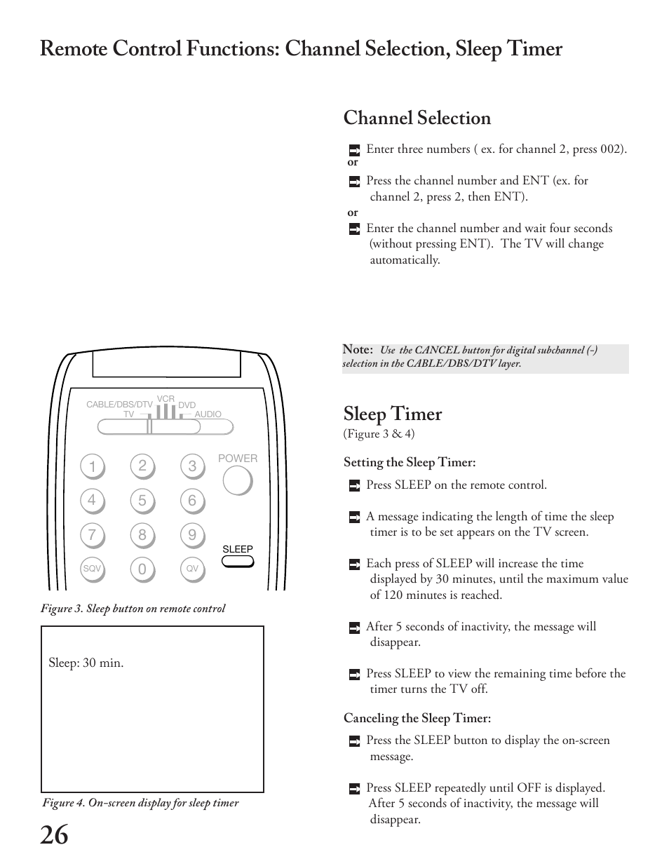 Channel selection, Sleep timer | MITSUBISHI ELECTRIC WT - 42313 User Manual | Page 26 / 76