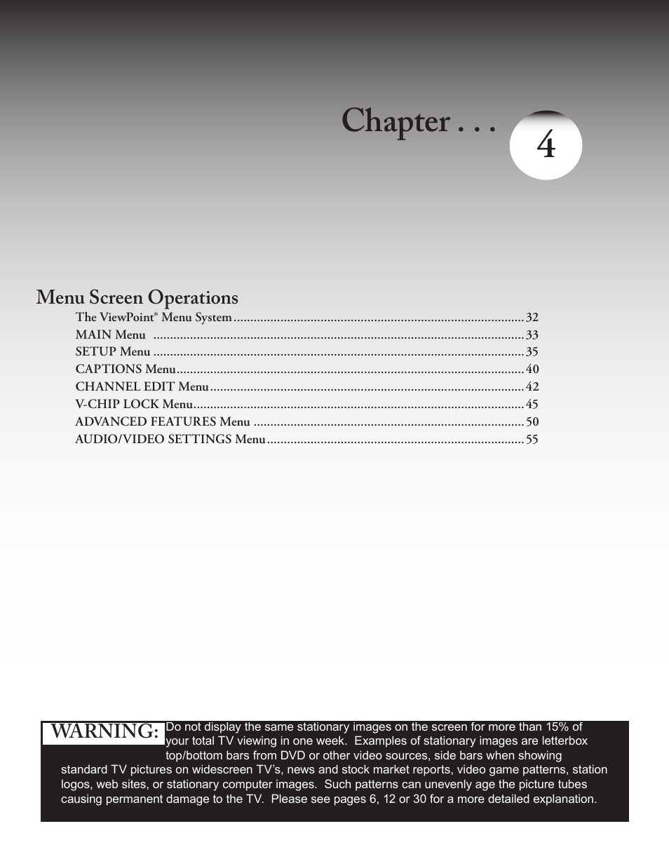 Menu screen operations, The viewpoint® menu system 32, Main menu 33 | Setup menu 35, Captions menu 43, Channel edit menu 45, V-chip lock menu 48, Advanced features menu 53, Audio/video settings menu 58, The viewpoint® menu system | MITSUBISHI ELECTRIC WT - 42313 User Manual | Page 31 / 76
