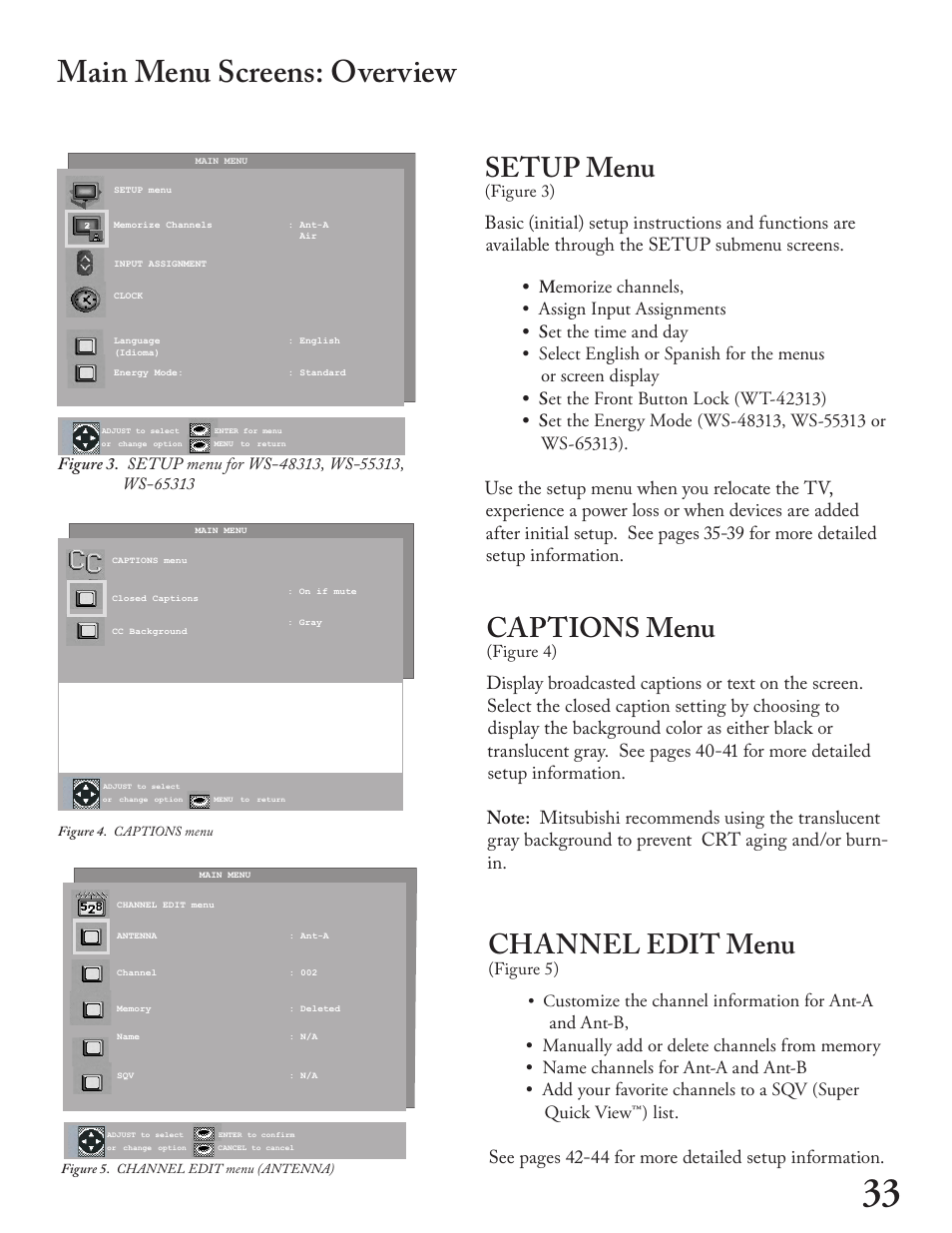 Main menu screens: overview, Setup menu, Captions menu | Channel edit menu, Figure 3), Figure 4), Figure 5) • c | MITSUBISHI ELECTRIC WT - 42313 User Manual | Page 33 / 76