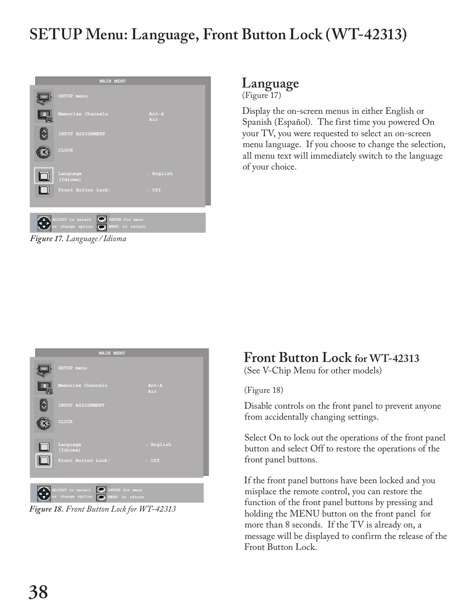 Setup menu: language, front button lock (wt-), Language, Front button lock | See v-chip menu for other models), Figure 17), Figure 18), Figure 17. language / idioma | MITSUBISHI ELECTRIC WT - 42313 User Manual | Page 38 / 76