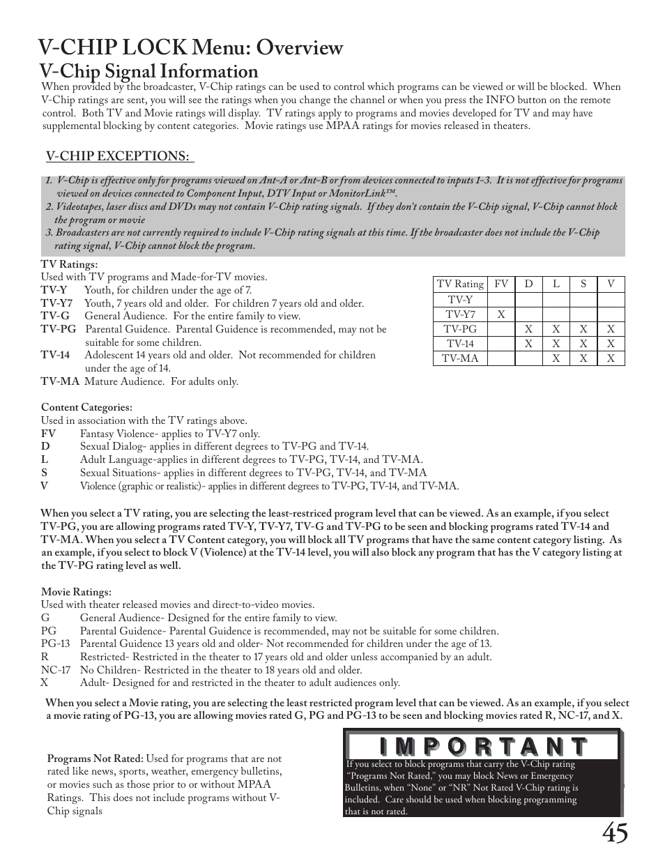V-chip lock menu: overview, V-chip signal information | MITSUBISHI ELECTRIC WT - 42313 User Manual | Page 45 / 76