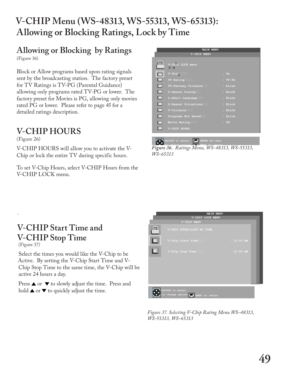 Allowing or blocking by ratings, V-chip hours, V-chip start time and v-chip stop time | MITSUBISHI ELECTRIC WT - 42313 User Manual | Page 49 / 76