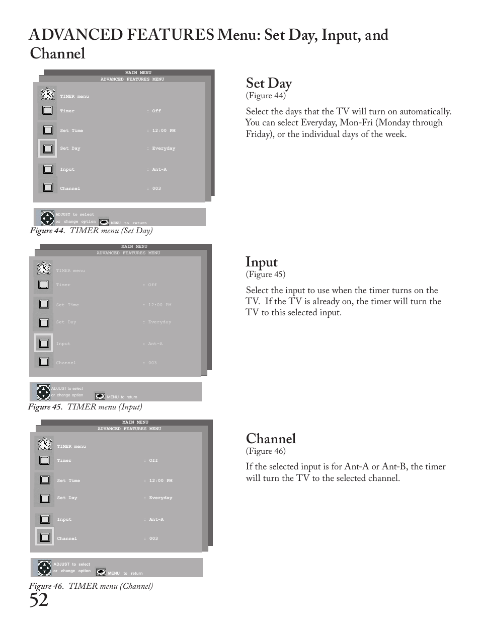 Set day, Input, Channel | Figure 44), Figure 45), Figure 46), Figure 44. timer menu (set day), Figure 45. timer menu (input), Figure 46. timer menu (channel) | MITSUBISHI ELECTRIC WT - 42313 User Manual | Page 52 / 76
