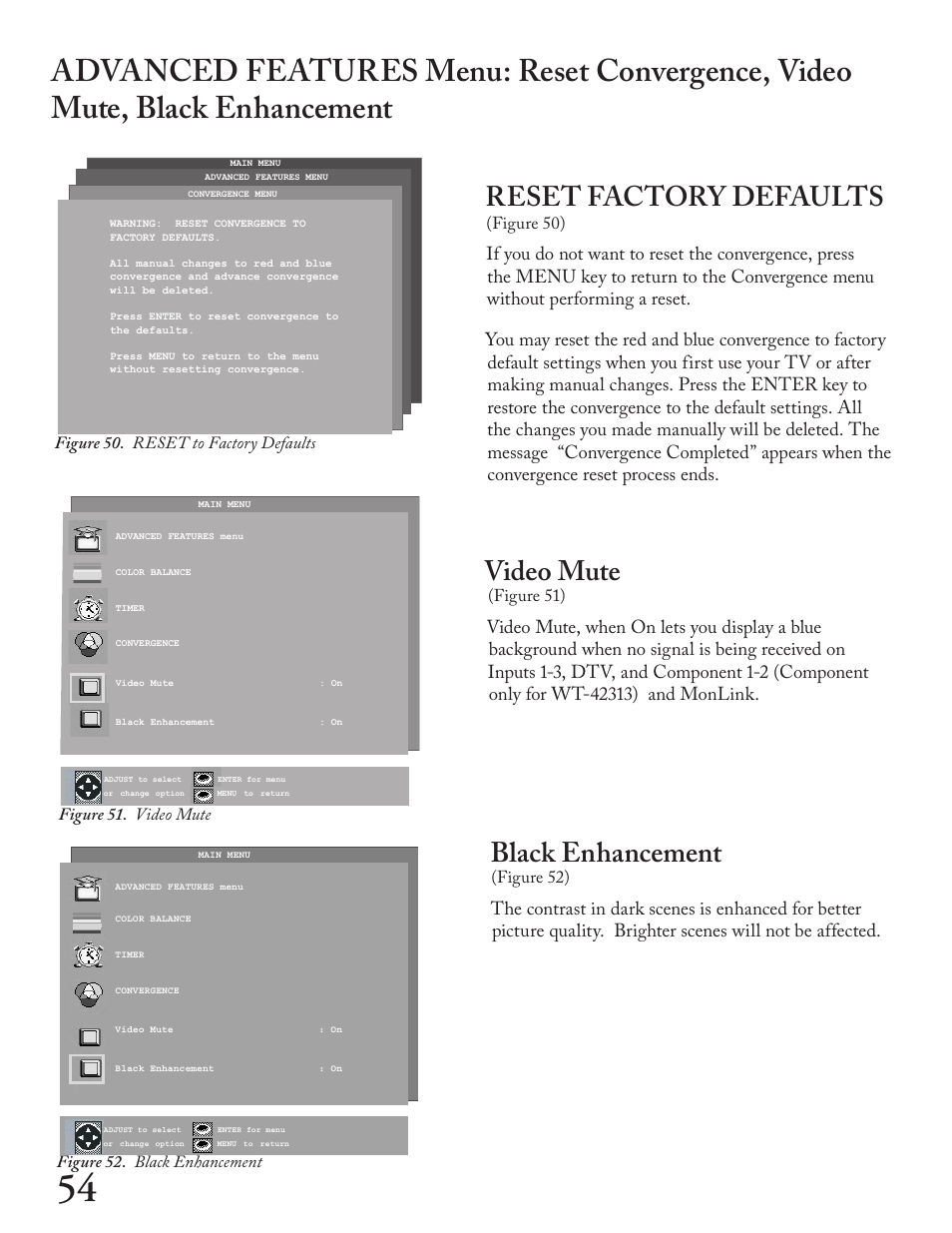 Video mute, Black enhancement, Reset factory defaults | MITSUBISHI ELECTRIC WT - 42313 User Manual | Page 54 / 76