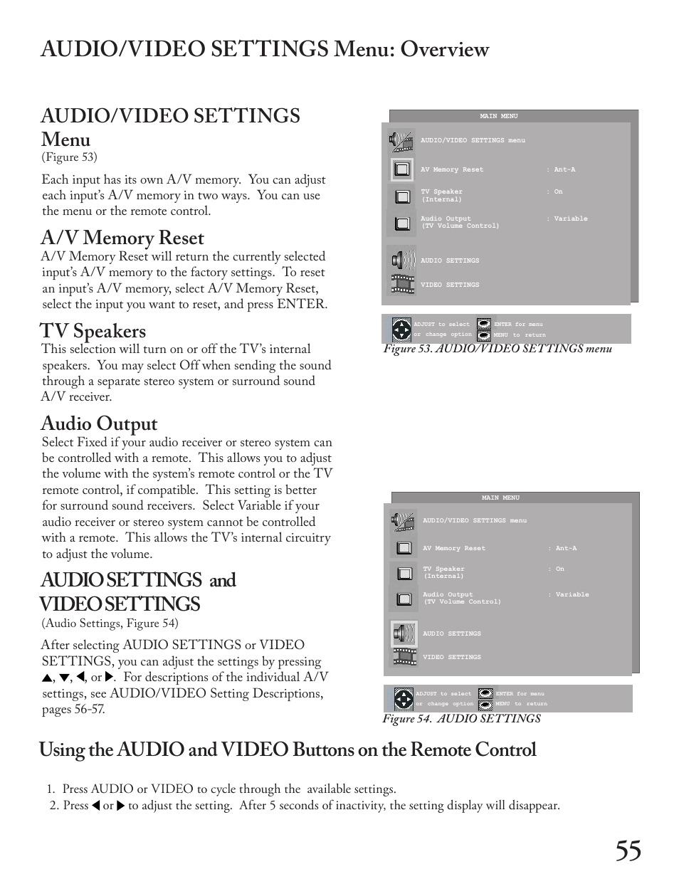 Audio/video settings menu: overview, Audio/video settings menu, Tv speakers | Audio output, Audio settings and video settings | MITSUBISHI ELECTRIC WT - 42313 User Manual | Page 55 / 76