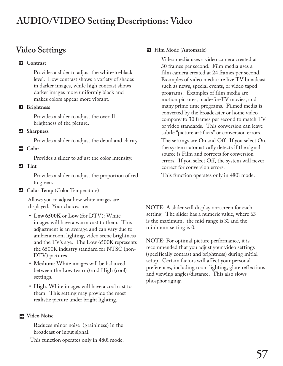 Audio/video setting descriptions: video, Video settings | MITSUBISHI ELECTRIC WT - 42313 User Manual | Page 57 / 76