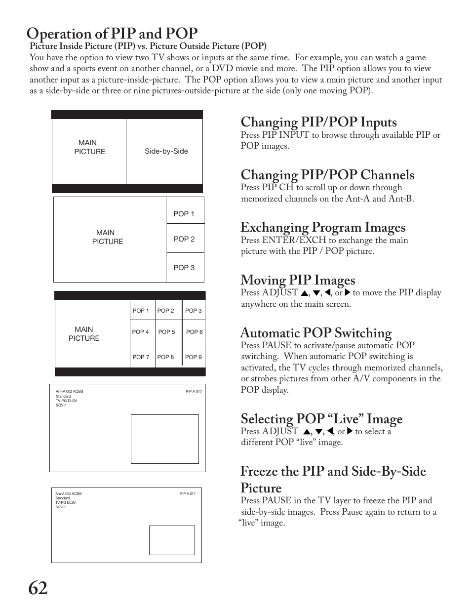 Operation of pip and pop, Changing pip/pop inputs, Changing pip/pop channels | Exchanging program images, Moving pip images, Automatic pop switching, Selecting pop “live” image, Freeze the pip and side-by-side picture | MITSUBISHI ELECTRIC WT - 42313 User Manual | Page 62 / 76