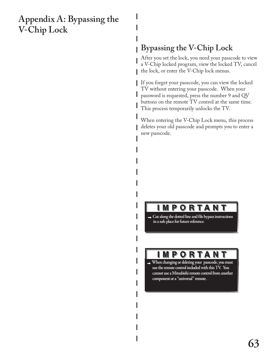 Appendix a: bypassing the v-chip lock, Bypassing the v-chip lock | MITSUBISHI ELECTRIC WT - 42313 User Manual | Page 63 / 76