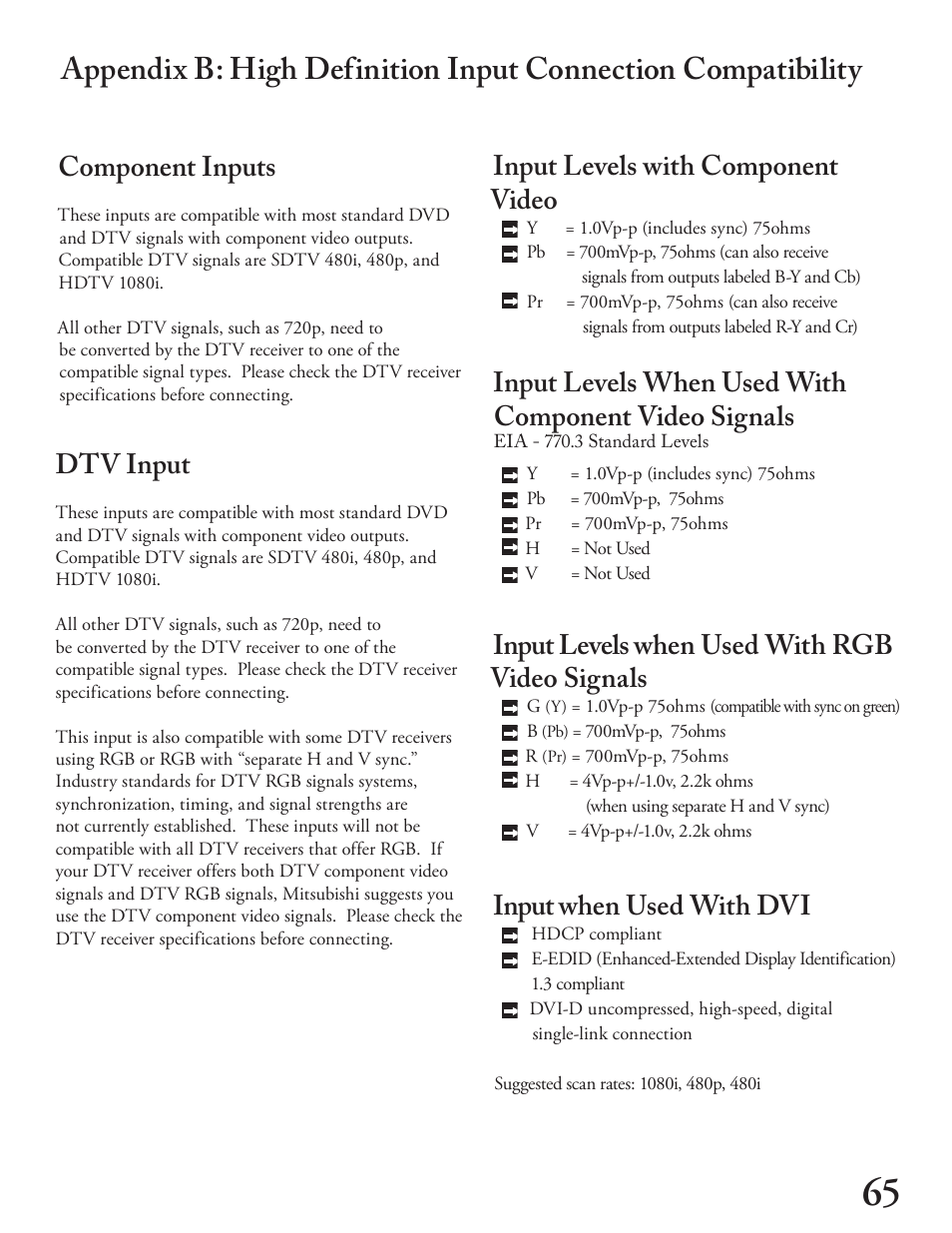 Component inputs, Input levels with component video, Input levels when used with rgb video signals | Input when used with dvi, Dtv input | MITSUBISHI ELECTRIC WT - 42313 User Manual | Page 65 / 76