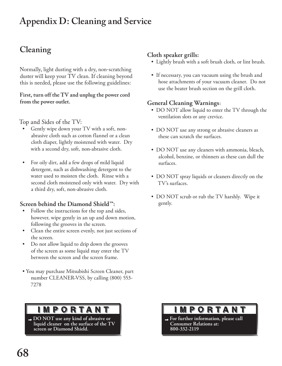 Appendix d: cleaning and service, Cleaning | MITSUBISHI ELECTRIC WT - 42313 User Manual | Page 68 / 76