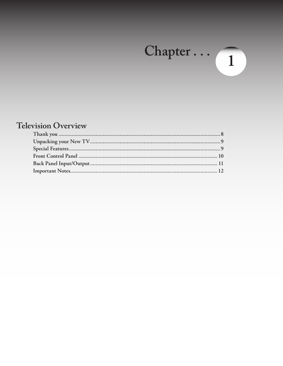 Television overview, Thank you 8, Unpacking your new tv 9 | Special features 9, Front control panel 11, Back panel input/output 12, Thank you, Unpacking your new tv, Special features, Front control panel | MITSUBISHI ELECTRIC WT - 42313 User Manual | Page 7 / 76