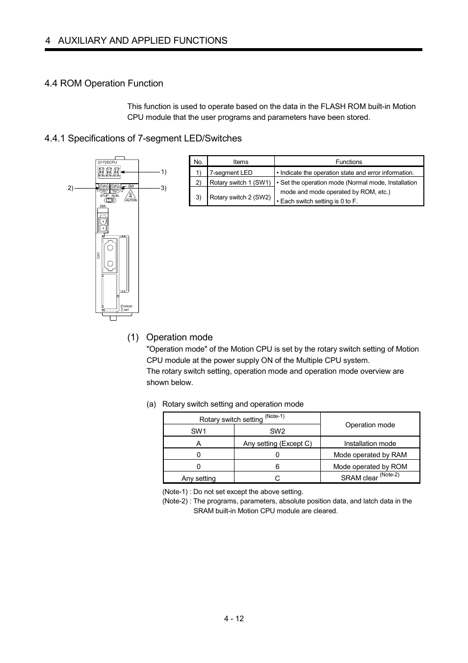 4 rom operation function, 1 specifications of 7-segment led/switches, 4 auxiliary and applied functions | 1) operation mode | MITSUBISHI ELECTRIC MOTION CONTROLLERS Q172DCPU User Manual | Page 103 / 174