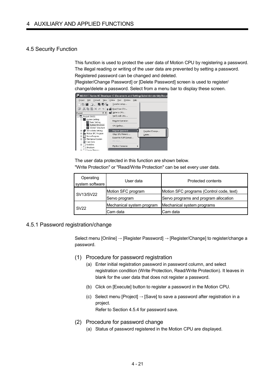 5 security function, 1 password registration/change, 4 auxiliary and applied functions | 1) procedure for password registration, 2) procedure for password change | MITSUBISHI ELECTRIC MOTION CONTROLLERS Q172DCPU User Manual | Page 112 / 174